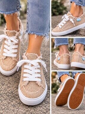 Obtaom Neutral Beige Canvas High-Top Sneakers with White Laces